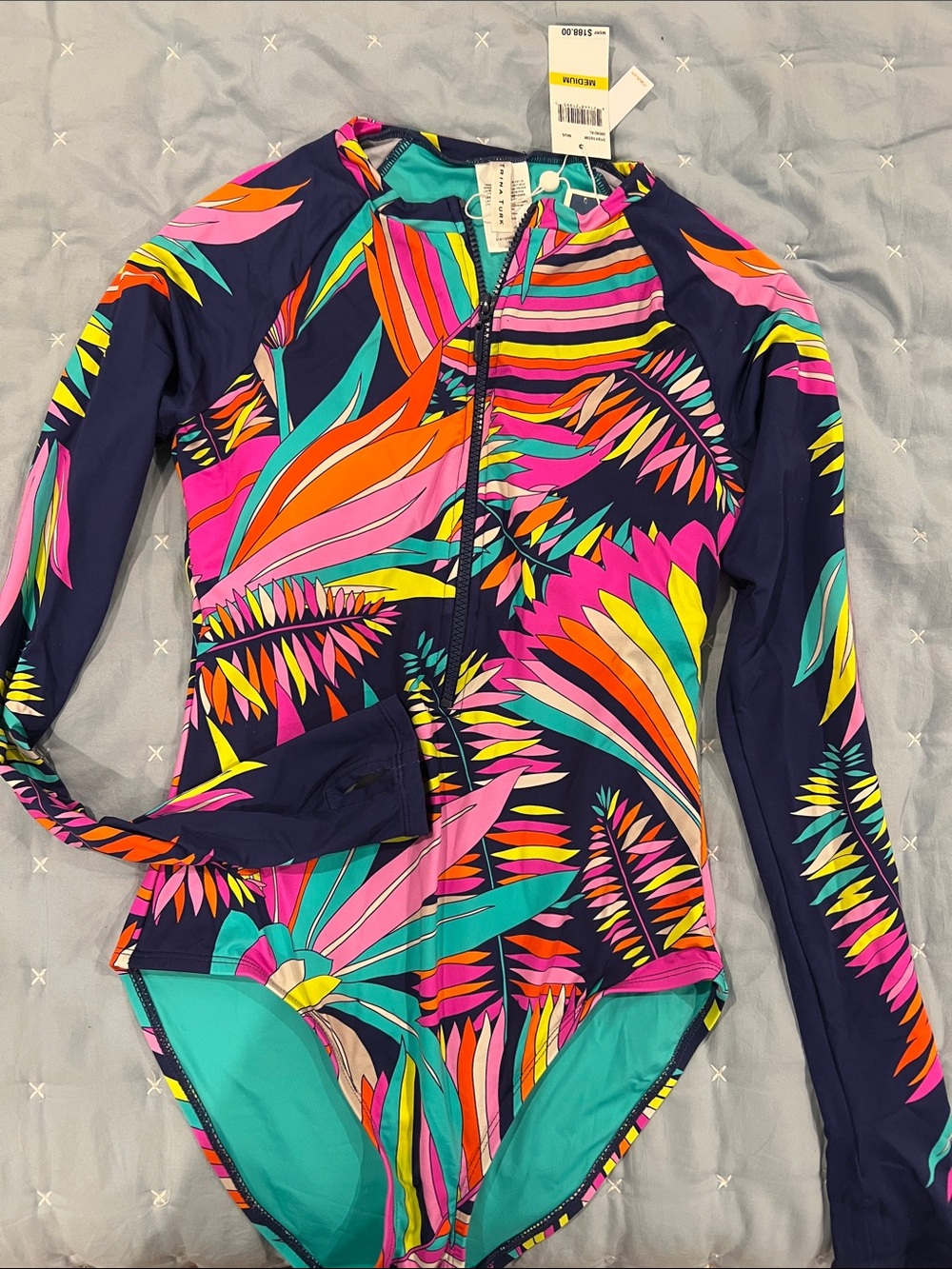 Trina Turk Multicolor Long-Sleeve One-Piece Swimsuit M nwt